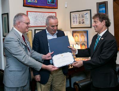 L to R: David Mehler, Former World Chess Champion Garry Kasparov, Representative Jamie Raskin, presenting Congressional Certificate of Special Recognition.