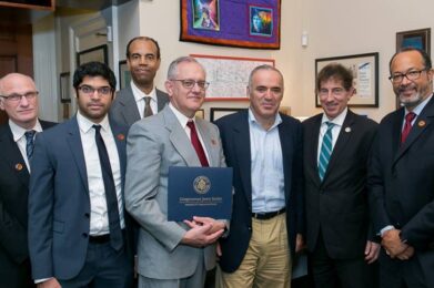 L to R: Eugene Meyer, Akshay Indusekar, Robert Teachey, David Mehler, Former World Chess Champion Garry Kasparov, Representative Jamie Raskin, Dr. Derrick Cogburn