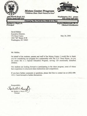2004-05-26 Letter FR Herbert Boyd, Jr., Moten Center Program